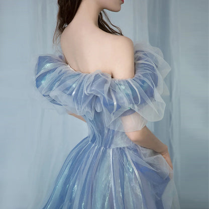 Romantic tulle long A line prom dress blue evening gown  10023