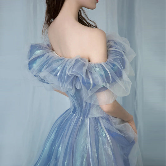 Romantic tulle long A line prom dress blue evening gown  10023