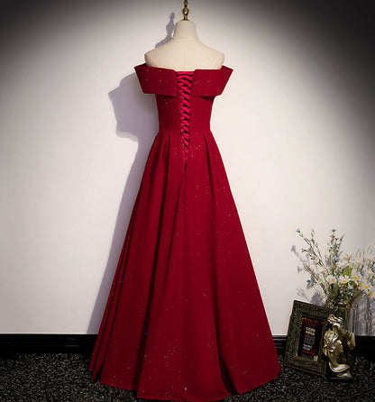 Burgundy satin long prom dress A line evening gown  10138