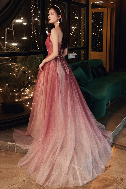 Shiny tulle sequins long prom dress A line evening dress  8580