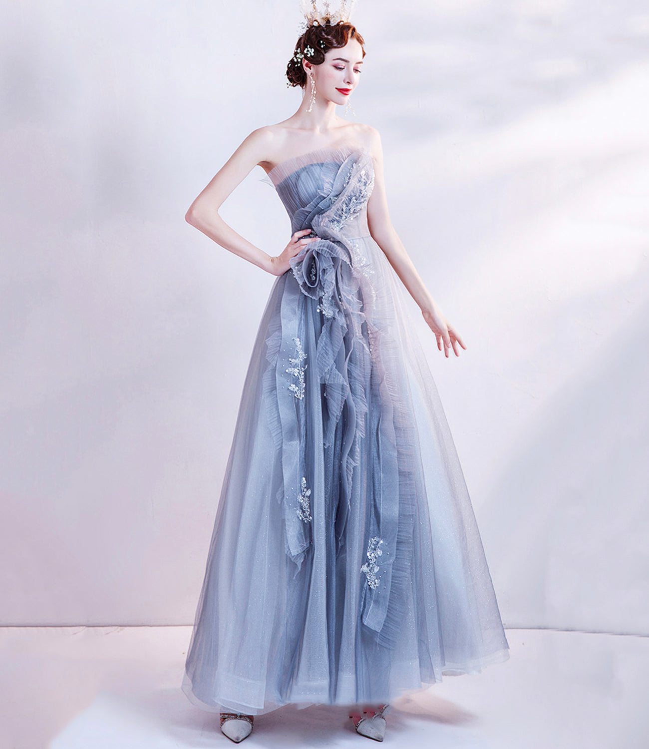 Cute tulle beads long prom dress A line evening dress  10511
