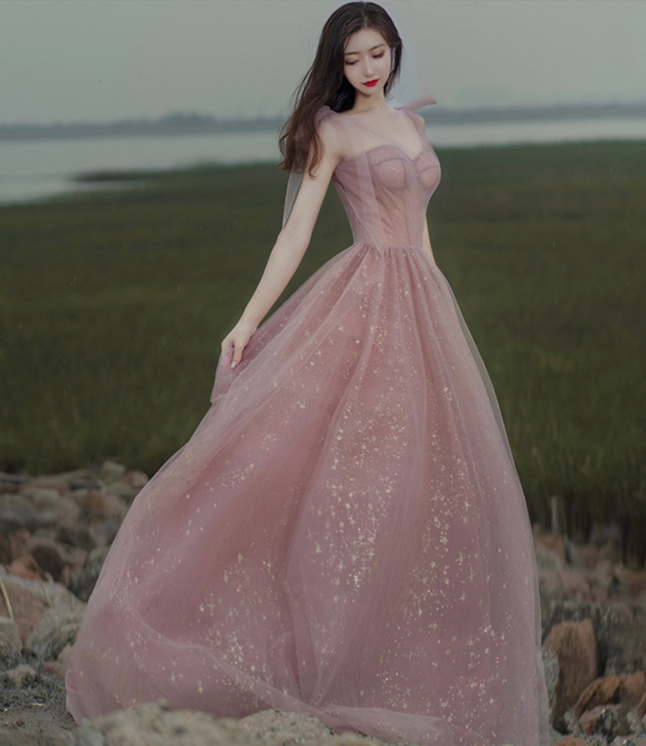 Pink A line prom dress pink tulle evening dress  8656