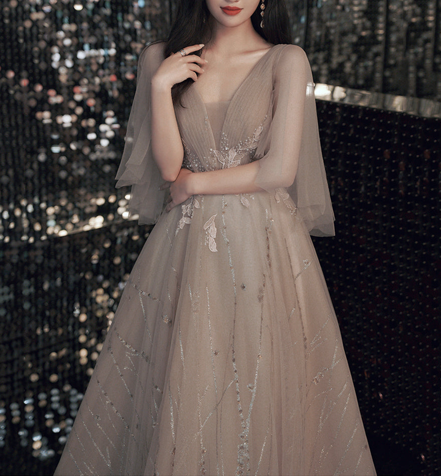 Champagne lace sequins long ball gown dress formal dress  8474