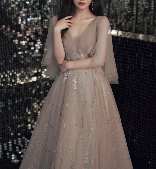 Champagne lace sequins long ball gown dress formal dress  8474