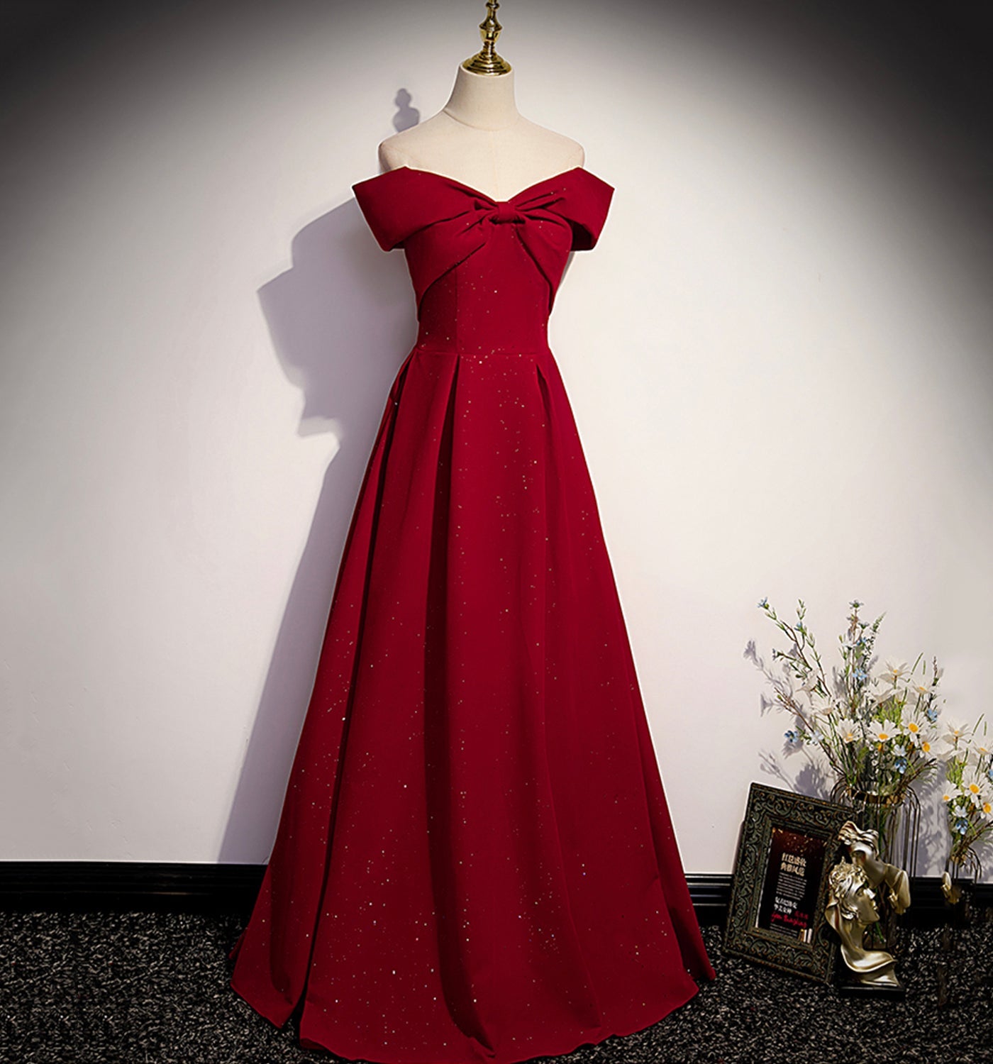 Burgundy satin long prom dress A line evening gown  10138