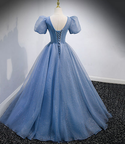Blue tulle sequins long prom dress blue evening dress  10159