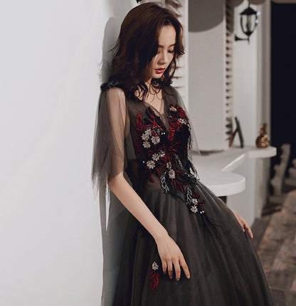 Black v neck tulle sequins long prom dress evening gown  10036