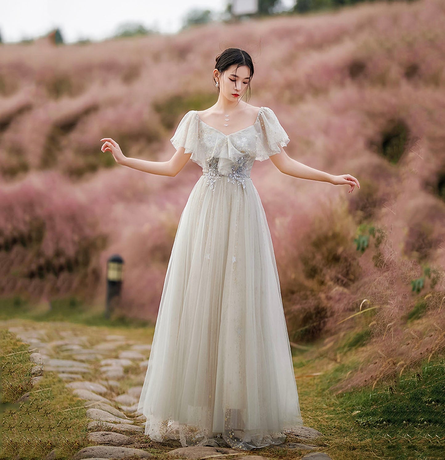 Cute tulle sequins long prom dress evening dress  10205