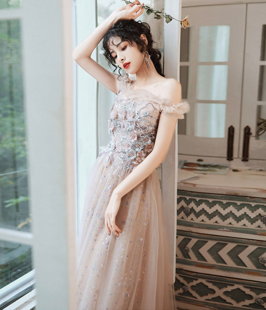 Cute tulle sequins long prom dress evening dress  8419