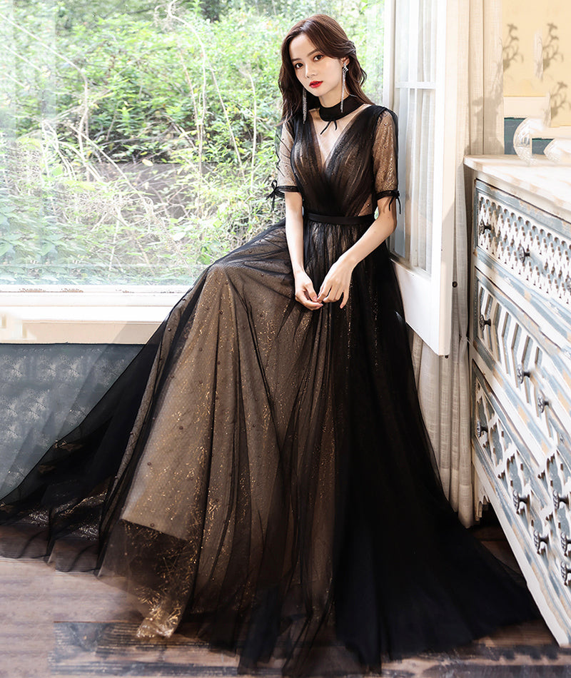 Black tulle long prom dress black evening dress  8529