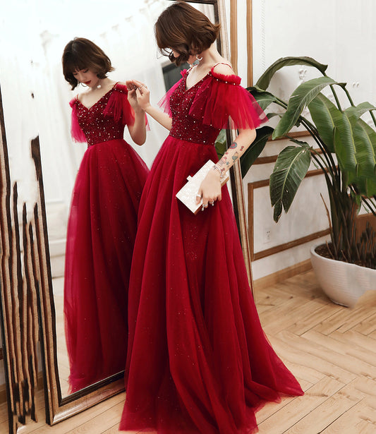 Burgundy tulle beads long A line prom dress evening dress  8767