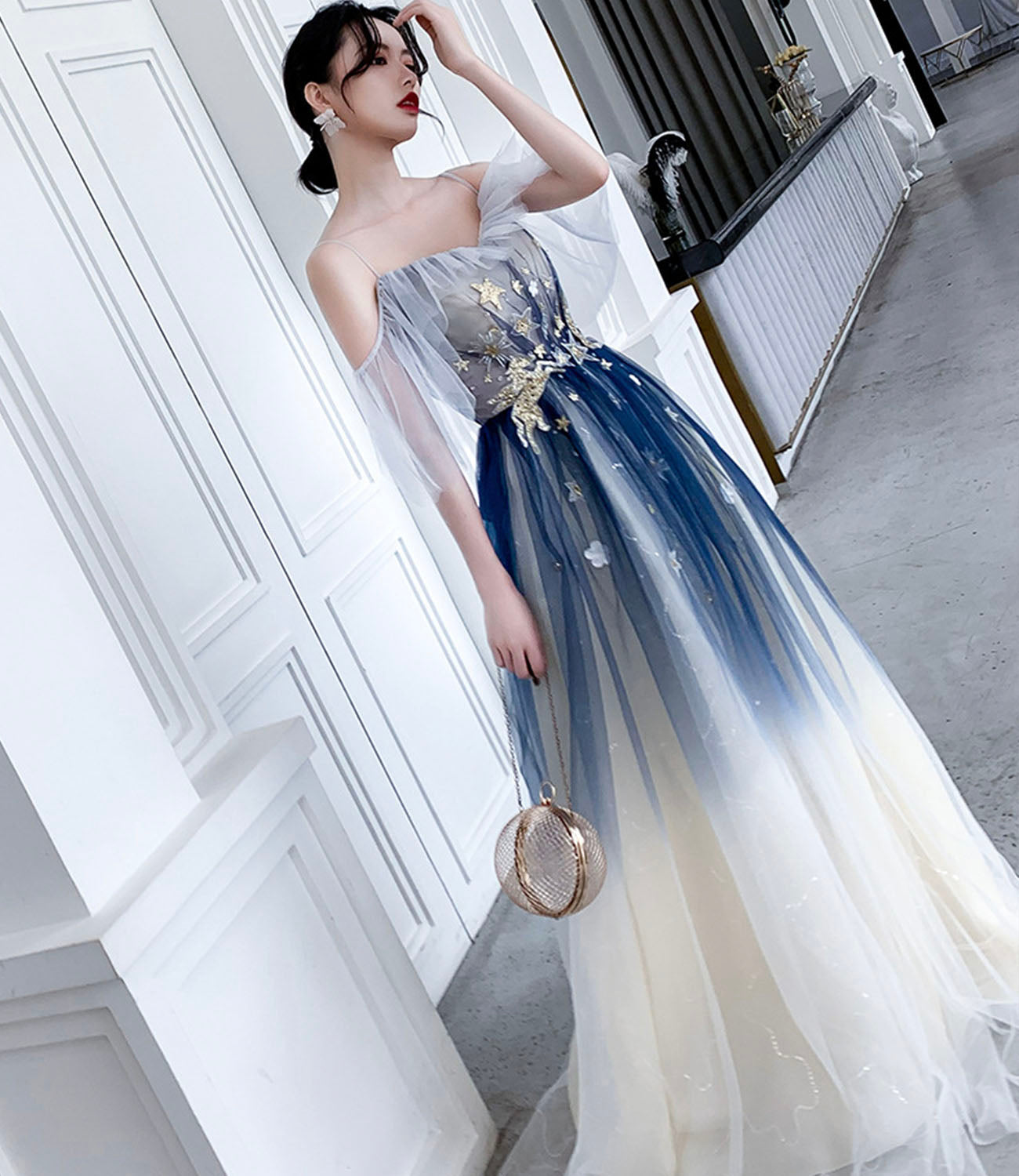 Blue tulle sequins long prom dress blue evening dress  10203