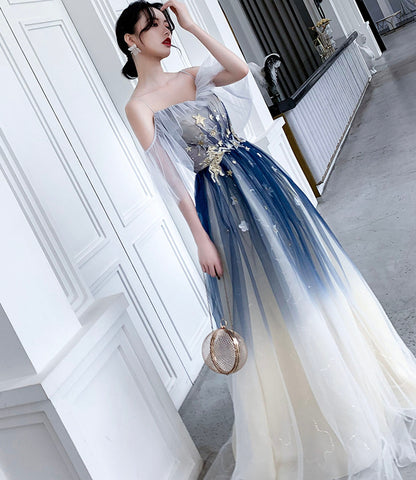 Blue tulle sequins long prom dress blue evening dress  10203