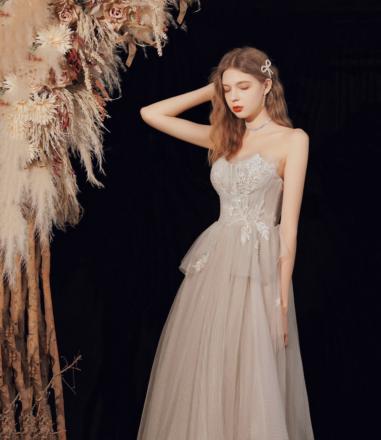 Cute tulle sequins long prom dress evening dress  10189
