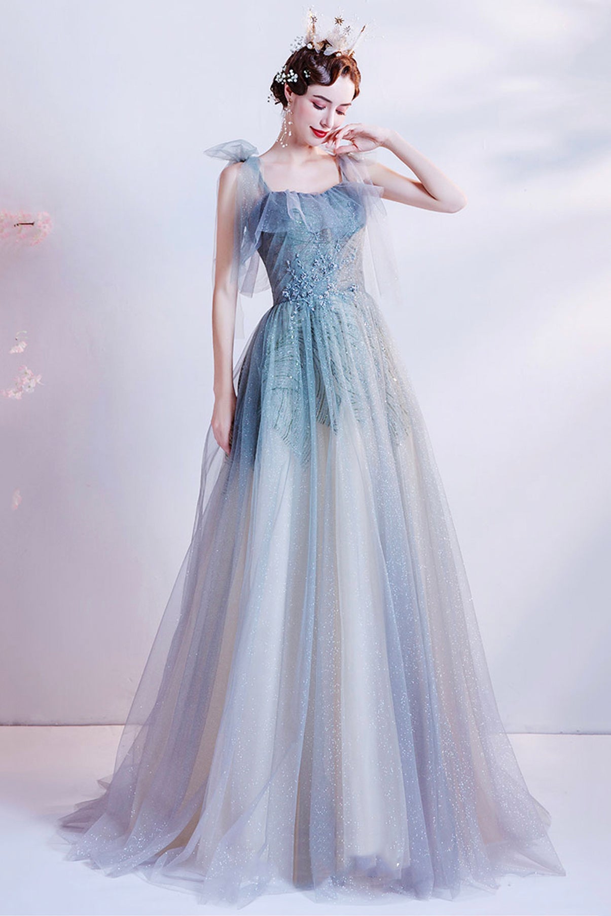 Cute tulle long A line prom dress evening dress  8703