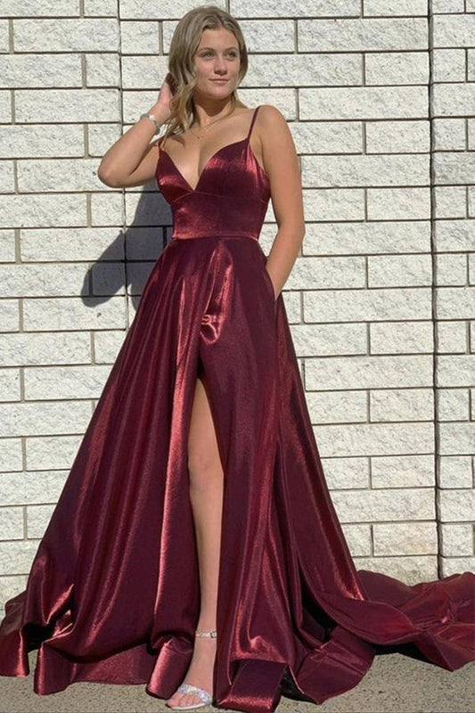 A-line Spaghetti Straps Satin Long Prom Dress Backless Evening dress,WP125