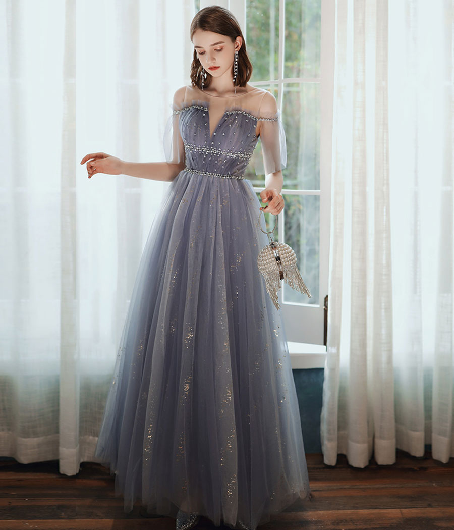A line tulle sequins long prom dress  8341