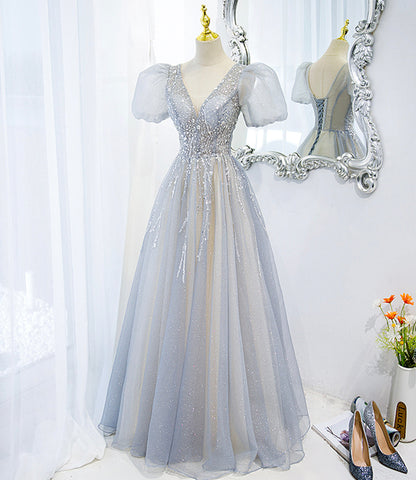 Gray tulle beads long prom dress A line evening gown  10488