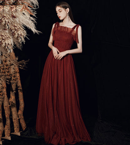 Burgundy tulle long A line prom dress evening dress  8571