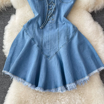 Cute Lace-Up Denim Dress A Line Fashion Dress  10733