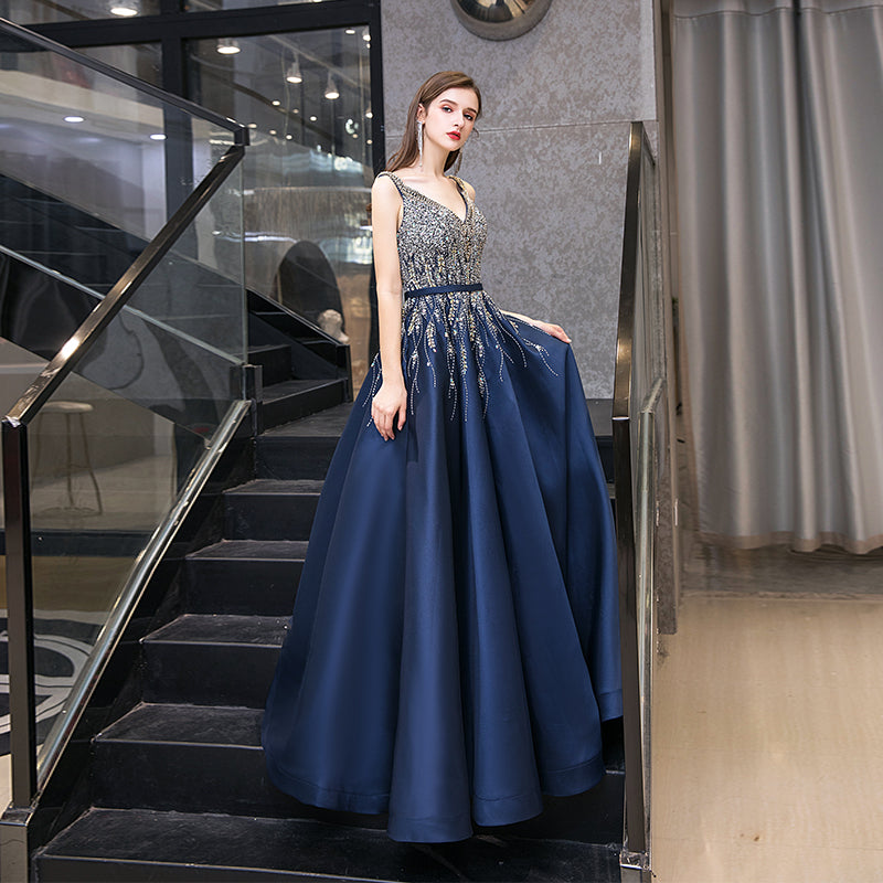 High quality v neck beads long prom dress blue evening dress  8526