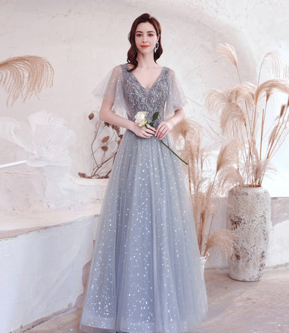 Gray tulle sequins long prom dress A line evening dress  10528