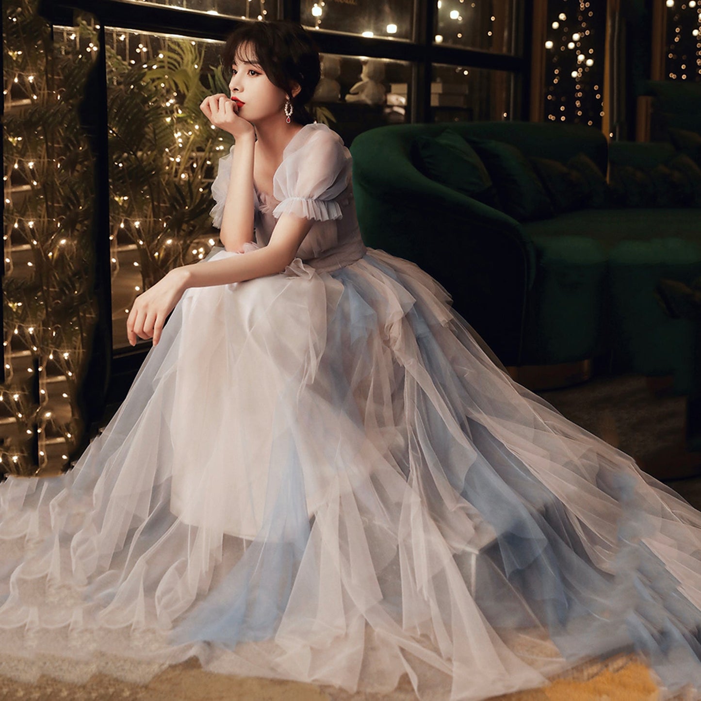 Cute tulle long prom dress A line evening dress  8997