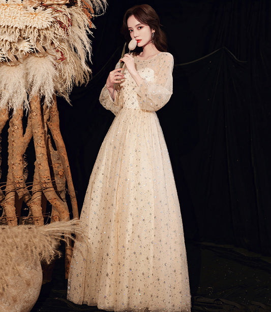 Stylish tulle sequins prom dress long sleeve evening dress  10028