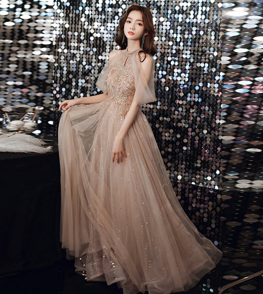 Elegant tulle beads long prom dress evening dress  8441