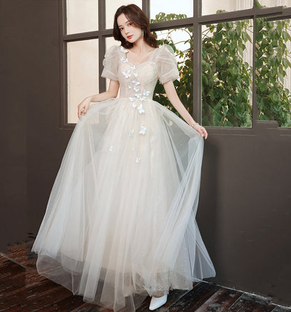 Champagne tulle long A line prom dress evening dress  8883