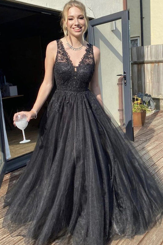 A Line V Neck Black Tulle Prom Dress Black Evening Dress,WP128