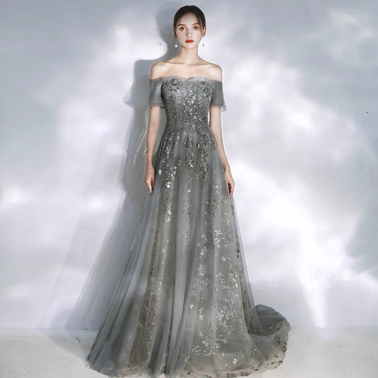 Gray tulle sequins long prom dress A line evening dress  10113