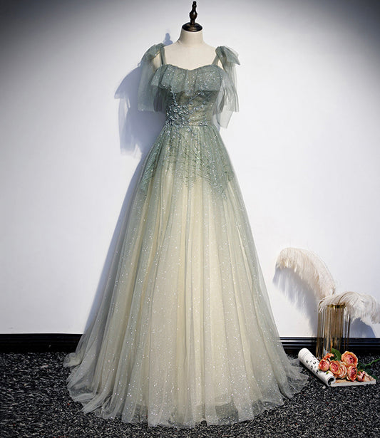 Green tulle sequins long prom dress evening gown  10474