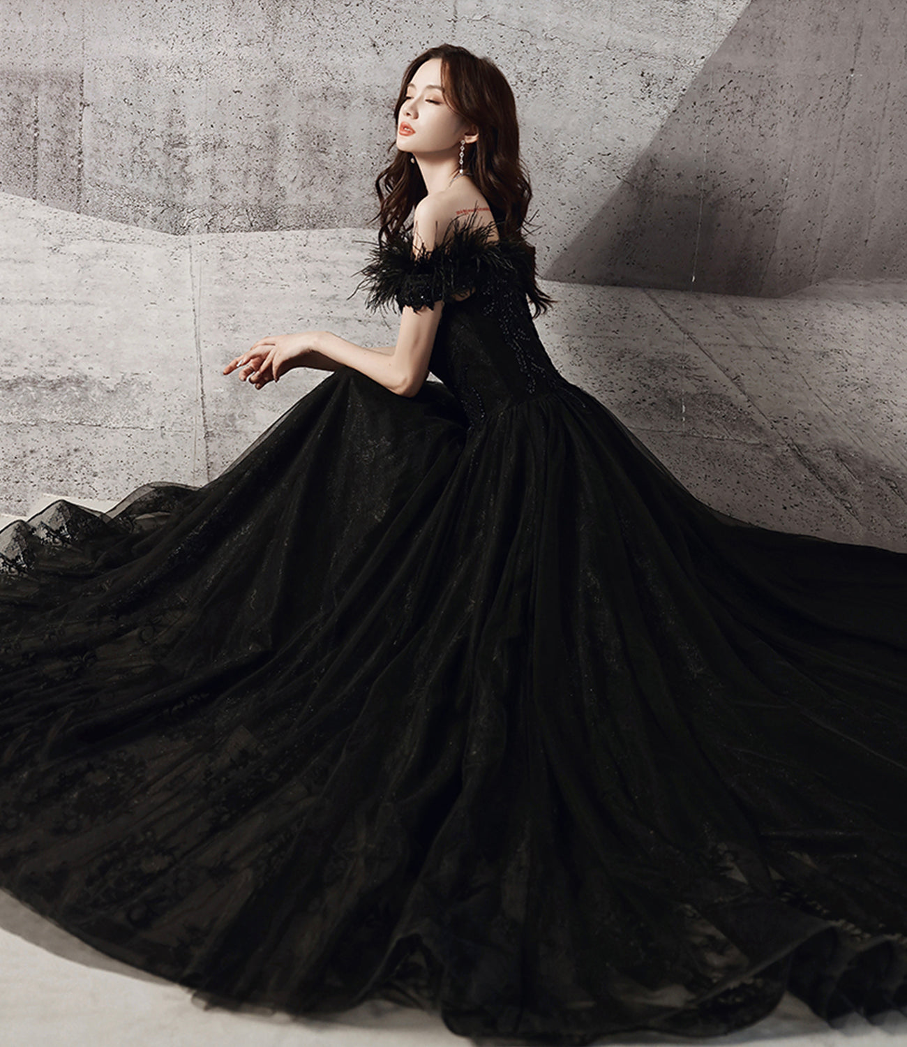 Black tulle beads long A line prom dress evening dress  8706