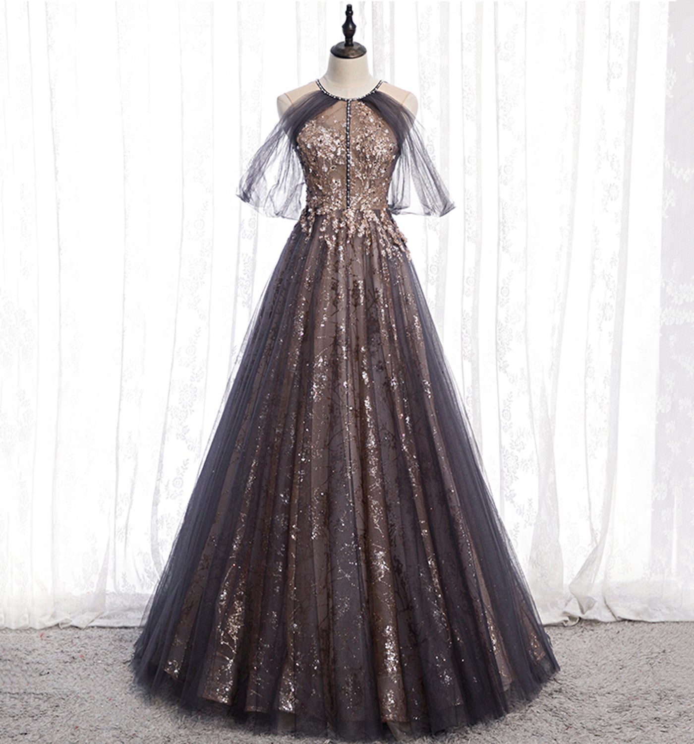 Stylish tulle sequins long prom dress evening gown  10007
