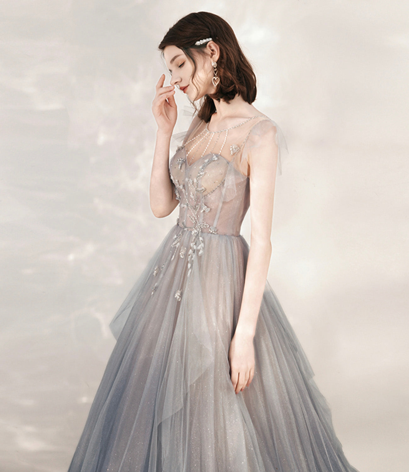 Cute tulle beads long prom dress A line formal dress  10547
