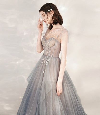 Cute tulle beads long prom dress A line formal dress  10547