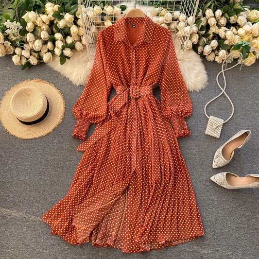 Fashionable A Line Polka Dot Long Sleeve Dress Fashion Dress  10924