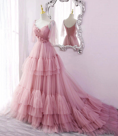 Blue tulle long A line prom dress blue evening dress  10551