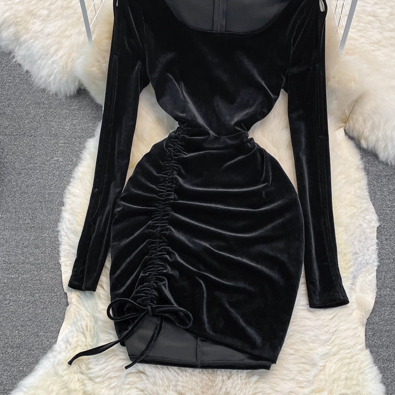 Black Velvet Long Sleeve Dress Sexy Dress  10948