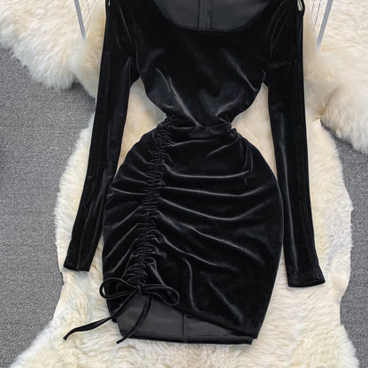 Black Velvet Long Sleeve Dress Sexy Dress  10948