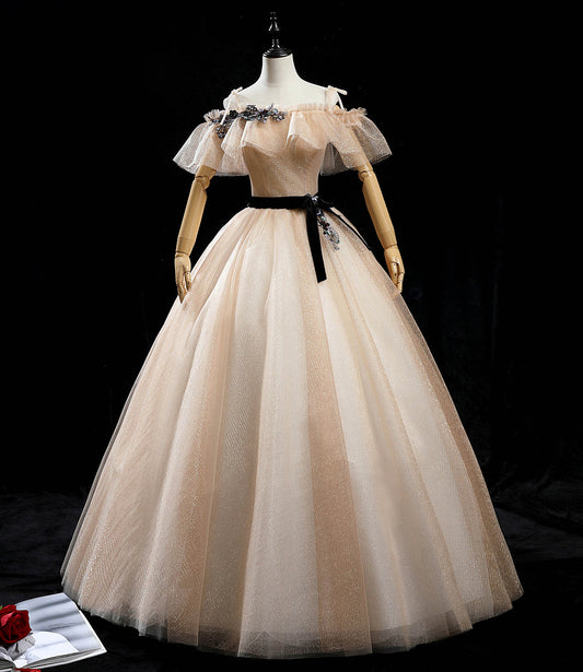 Champagne tulle sequins long prom dress formal dress  10458