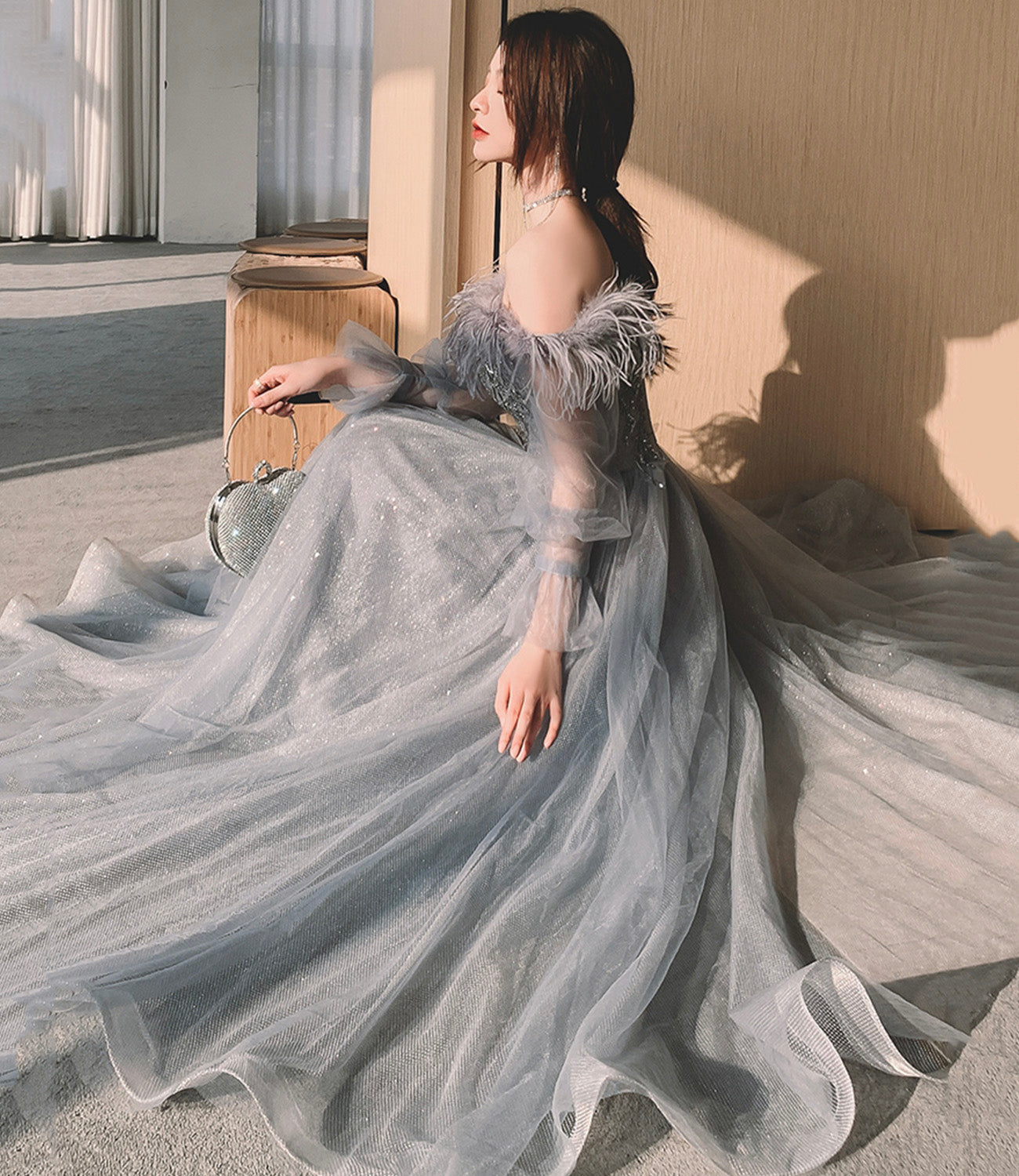 Gray tulle sequins long prom dress A line evening dress  10559