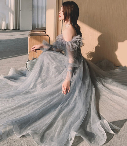 Gray tulle sequins long prom dress A line evening dress  10559
