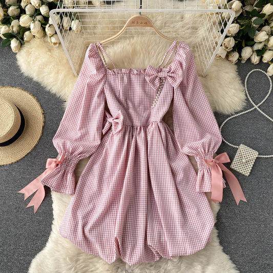 Cute Plaid Long Sleeve Dress Fashion Dress  10907