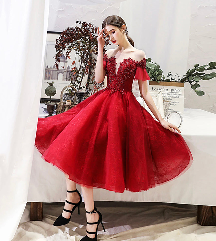 Burgundy lace short prom dress party dress  8527