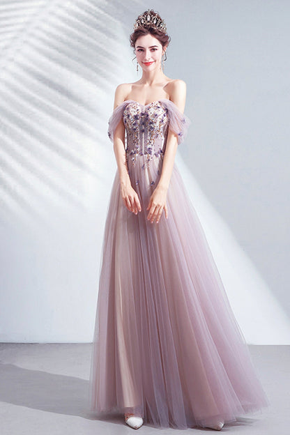 Cute tulle applique long A line prom dress evening dress  8730