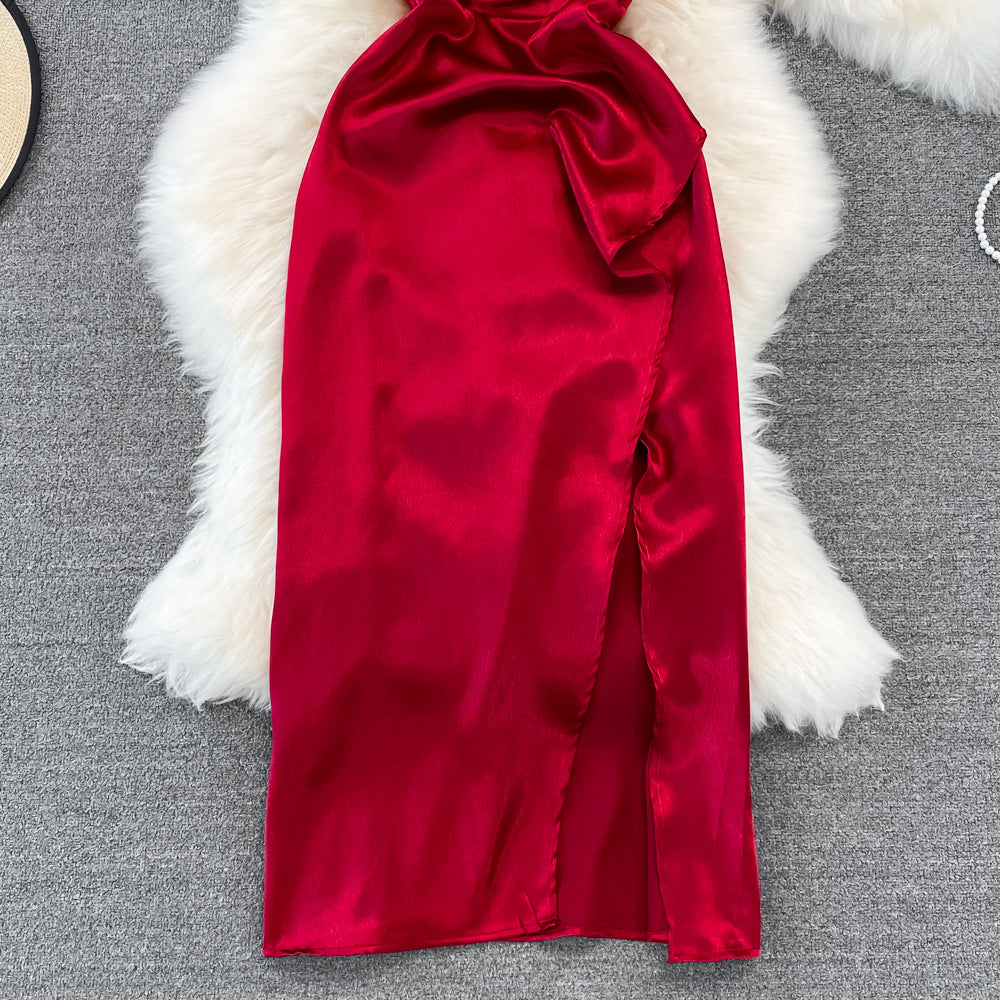 V-neck slim slim acetate Satin pleated split dress dress  11180