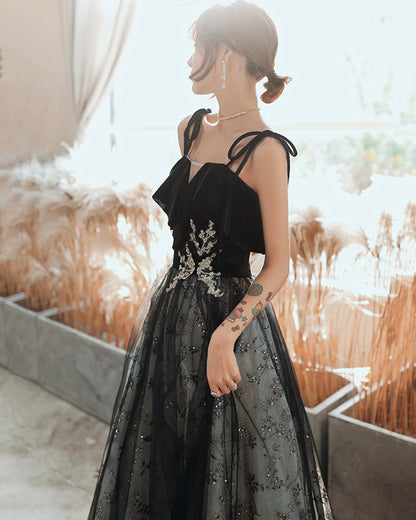 Black tulle sequins long prom dress black evening dress  8901