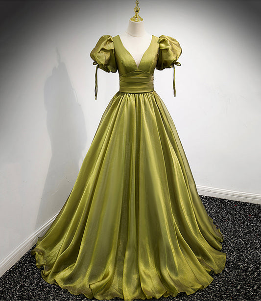 Green v neck tulle long prom dress A line evening dress  8878
